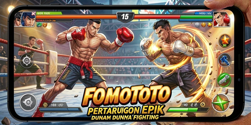 Screenshot utama FOMOTOTO menunjukkan pertarungan mendebarkan dengan karakter unik.
