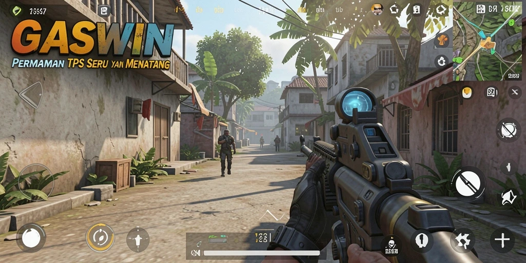 Tampilan gameplay GASWIN dengan aksi tembak-menembak yang seru.