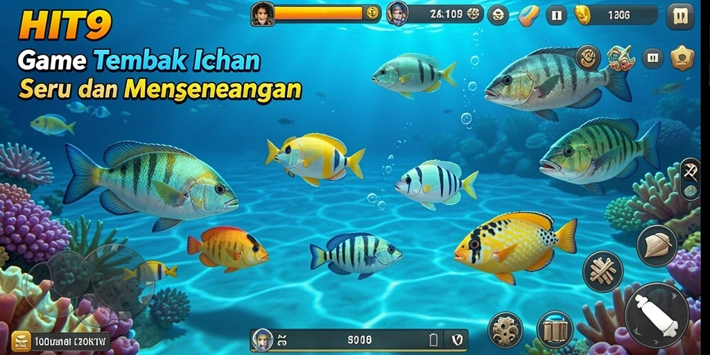 Gameplay seru dalam HIT9 menembak ikan berwarna-warni.