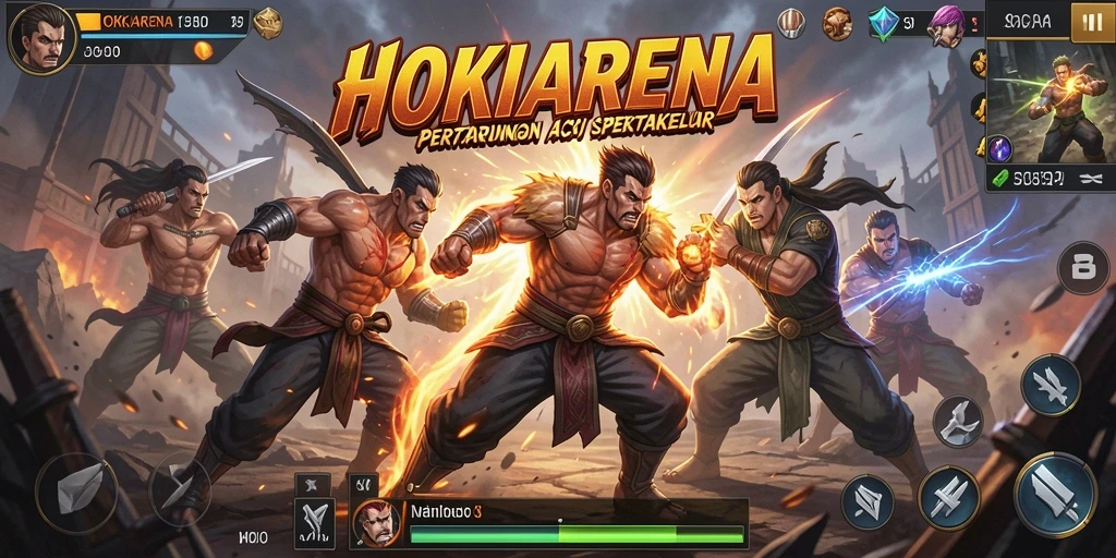 Screenshot HOKIARENA menampilkan pertarungan epik di arena penuh aksi.