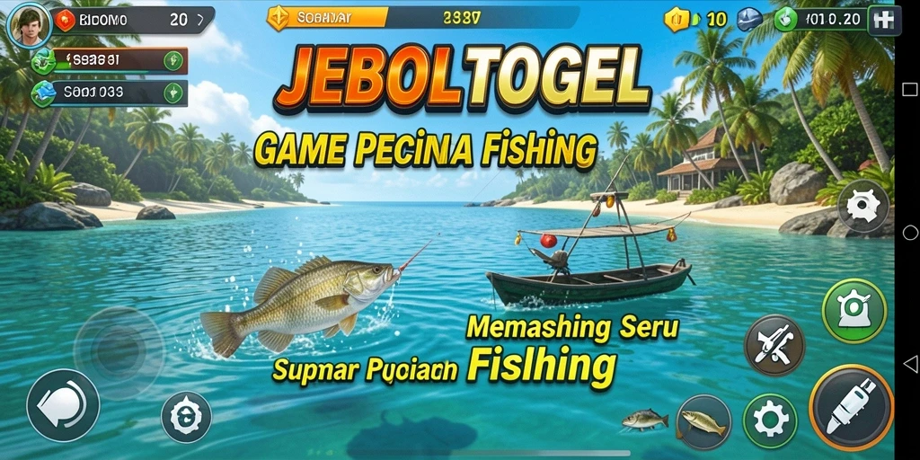 Tampilan gameplay JEBOLTOGEL dengan ikan yang ditangkap di air.