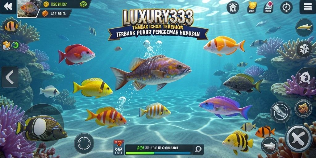 Tampilan gameplay seru pada LUXURY333 saat menembak ikan di bawah laut.