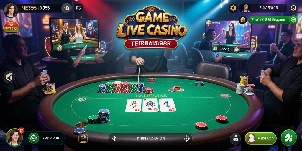 Screenshot gameplay ME355 menunjukkan dealer aktif dan suasana kasino yang nyata.