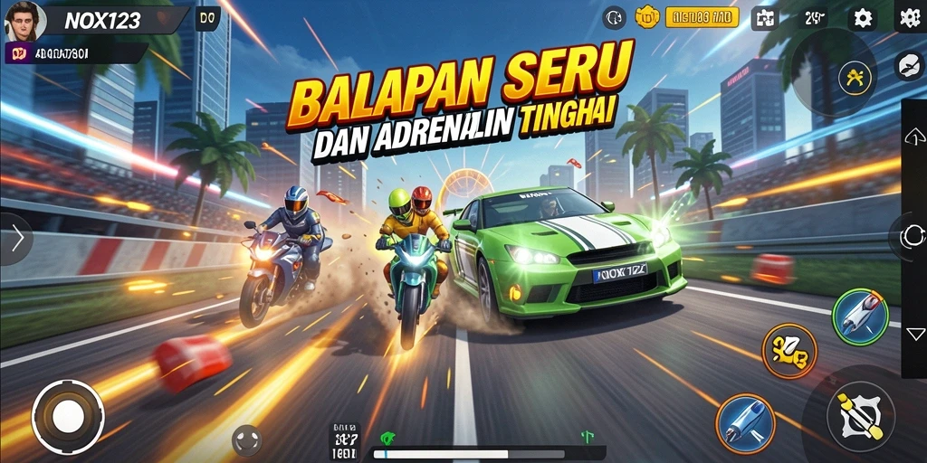 Gameplay NOX123 menampilkan balapan seru dengan grafis memukau.