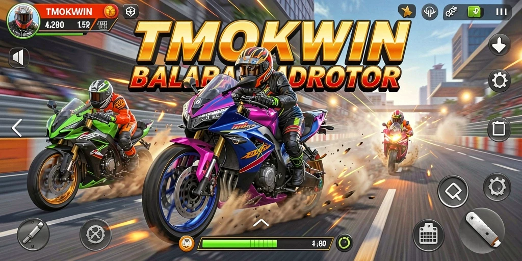 Screenshot gameplay TMOKWIN memperlihatkan balapan motor yang intens dan penuh aksi.