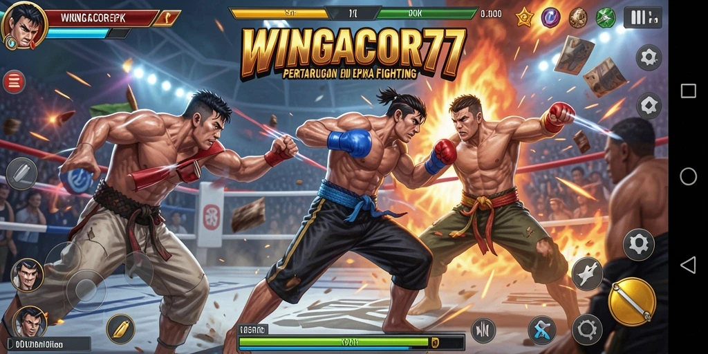 Screenshot utama WINGACOR77 menampilkan pertarungan epik dengan karakter yang menarik.